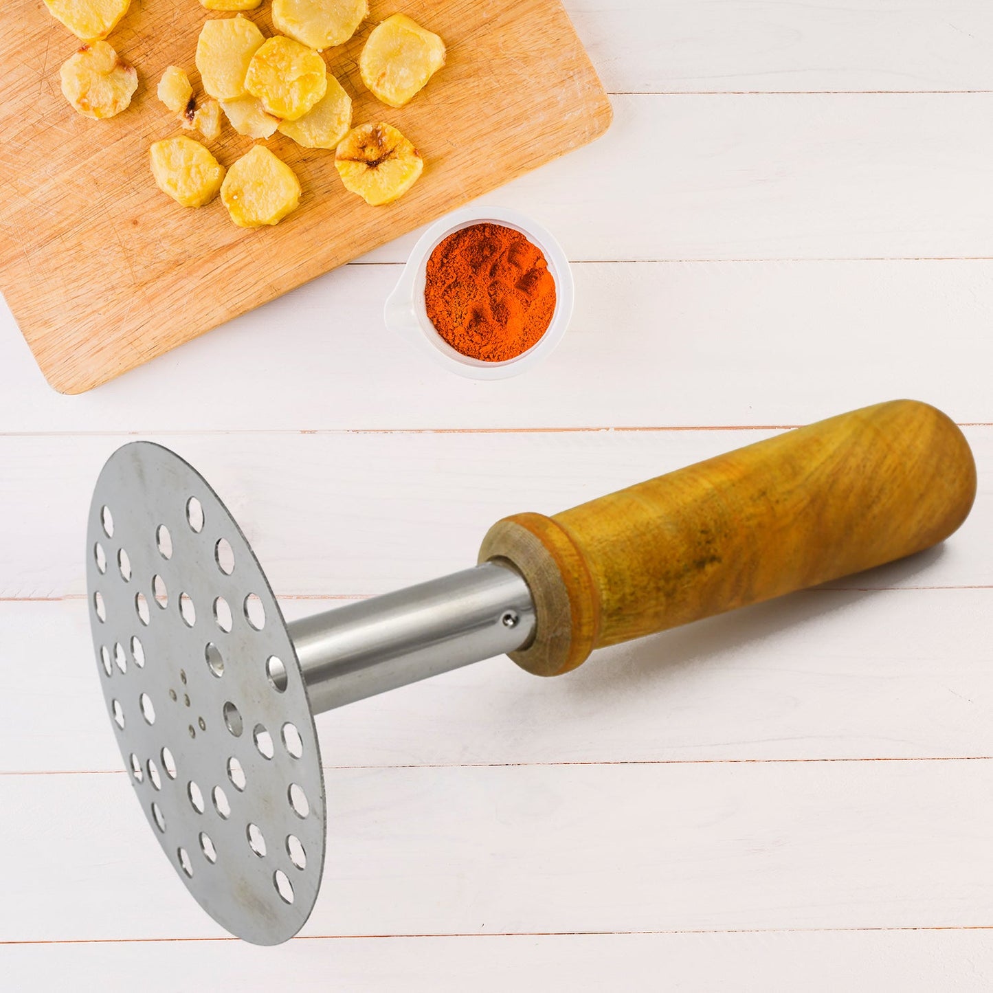 Stainless Steel Potato Masher / Pav Bhaji Masher with Wooden Handle (1 Pc)