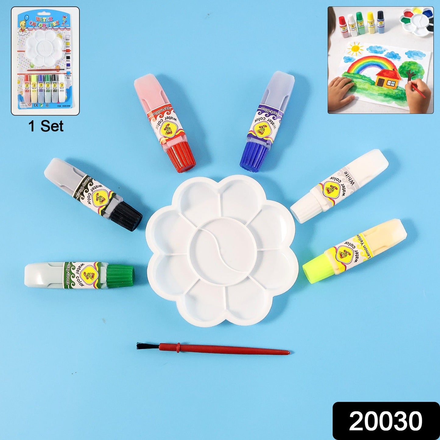 Kids Water Colour Painting Set with Brush & Mixing Palette (1 Set)