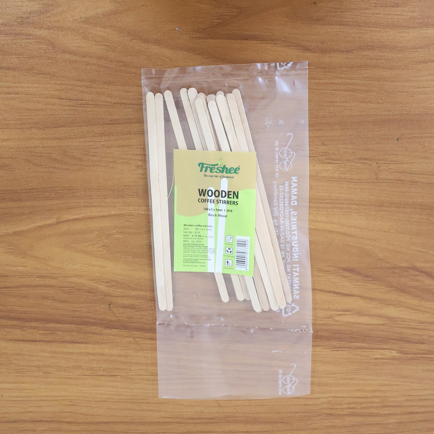 Freshee Wooden Coffee Stirrers 140×5×1 mm – 30 Pcs Pack